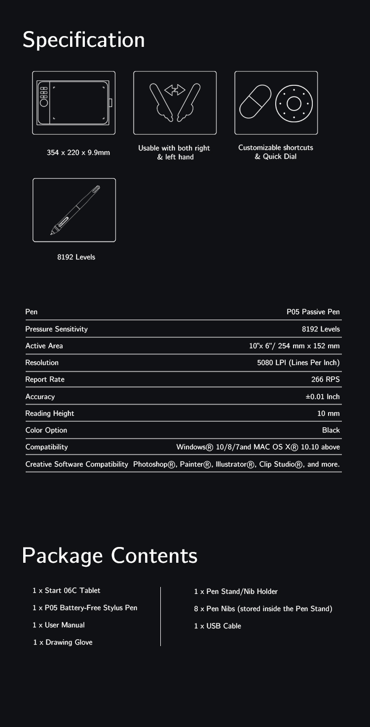 Specification and Package Contents of XP-Pen Star 06C budget drawing tablet