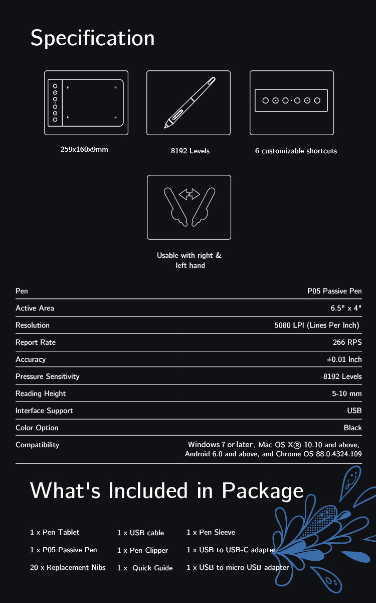 XP-Pen Star G640S kids digital drawing pad Specification